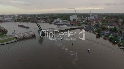 Aerial view of river with drawbridge and ship, Netherlands