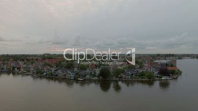 Aerial view of riverside township in Netherlands