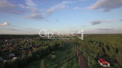 Aerial view of freight train running in the countryside, Russia