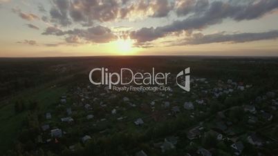 Skyline sunset and village in Russia, aerial view