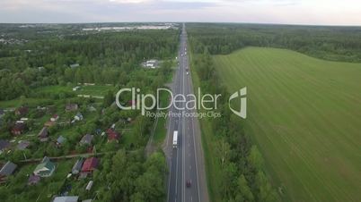 Flying over the road in the countryside, Russia