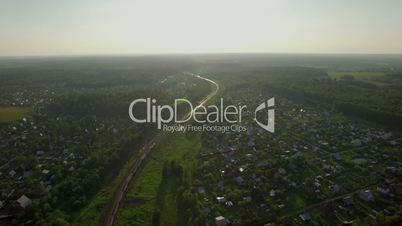 Aerial scene with countryside and moving train, Russia