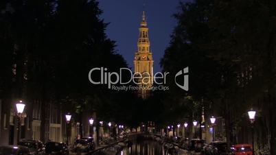 Amsterdam slogan and night cityscape