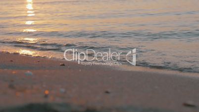 Sea waves rolling on the shore at sunset