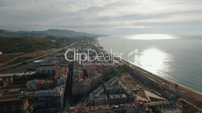 Aerial view of landmarks with beach, sea, buildings, Barcelona, Spain