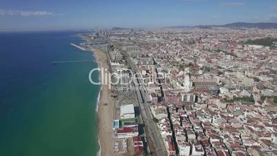 Aerial view of beach, sea, railways and hotels, Barcelona, Spain