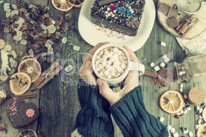 cup with hot chocolate in female hands