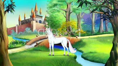 White Unicorn near a Fairy Tale Castle