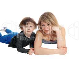 Mother and son lying on floor.