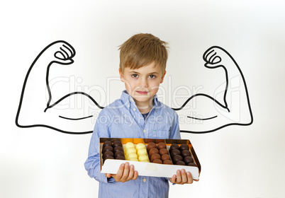 Boy with muscle sketch and confectionery