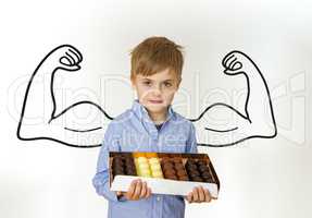 Boy with muscle sketch and confectionery