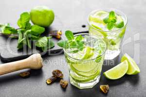 Summer mint lime refreshing cocktail mojito with rum and ice in glass on black background top view