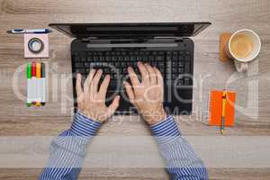 Male hand typing on laptop, message Empty text field