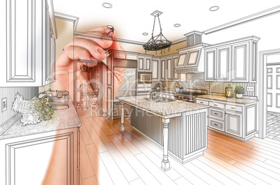 Hand Drawing Custom Kitchen Design With Gradation Revealing Phot