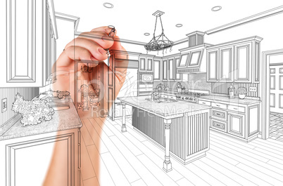 Hand of Architect Drawing Detail of Custom Kitchen Design