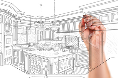 Hand of Architect Drawing Detail of Custom Kitchen Design