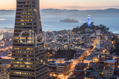 Dusk over Telegraph Hill, Alcatraz Island and San Francisco Bay from the Financial District.