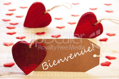 Label With Many Red Heart, Bienvenue Means Welcome