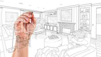 Hand Drawing Custom Living Room Design On A White Background.