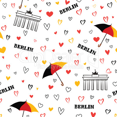 Travel Berlin city seamless pattern. German vacation wallpaper.