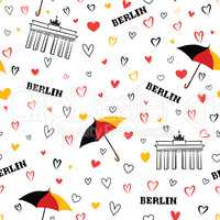Travel Berlin city seamless pattern. German vacation wallpaper.