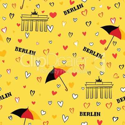 Travel Berlin city seamless pattern. German vacation wallpaper.