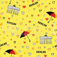 Travel Berlin city seamless pattern. German vacation wallpaper.