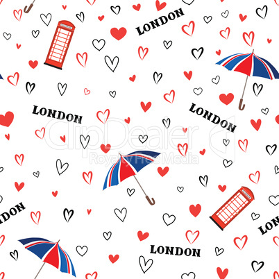 Travel London city seamless pattern with love hearts and umbrell