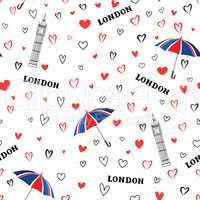 Travel London city seamless pattern with love hearts and umbrell