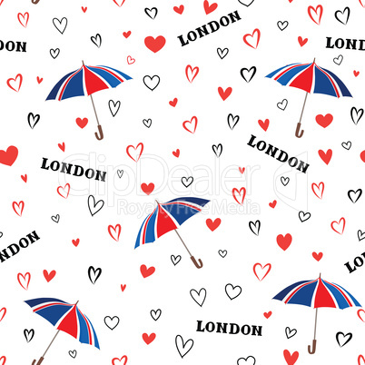 Travel London seamless pattern with love hearts and umbrella. Br