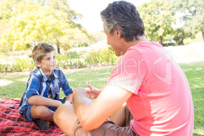 Father talking to son at picnic in park