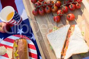 Cherry tomatoes, sandwich, hotdog and beer on picnic table