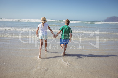 Rear view of siblings holding hands while running on shore