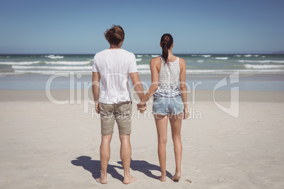 Rear view of young couple holding hands at beach
