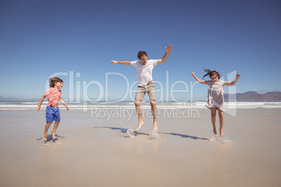 Cheerful father with children jumping on shore at beach