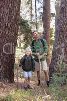 Father and son discovering nature in forest