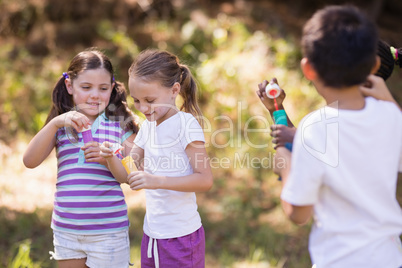 Group of friends playing with bubble wand