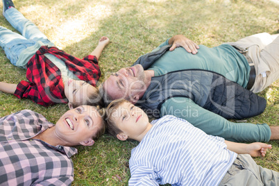 Happy family lying on the grass