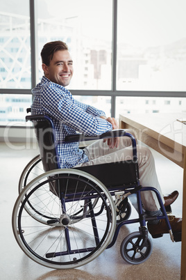 Portrait of smiling executive sitting on wheelchair