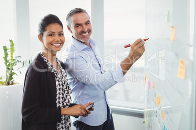 Portrait of smiling colleagues writing on sticky note