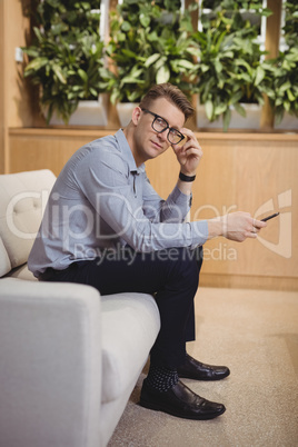 Portrait of executive sitting on sofa and using mobile phone