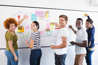 Portrait of business people sticking adhesive note during planning