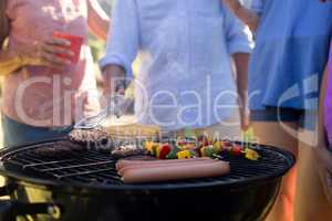 Family grilling patties, vegetables and sausages on the barbecue grill