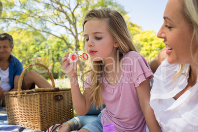Mother and daughter blowing bubble with bubble wand at picnic in park