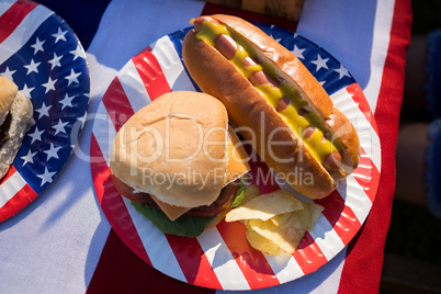 Hot dog, hamburger and crisps served in the plate
