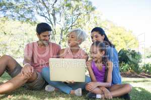 Family talking while using laptop in the park