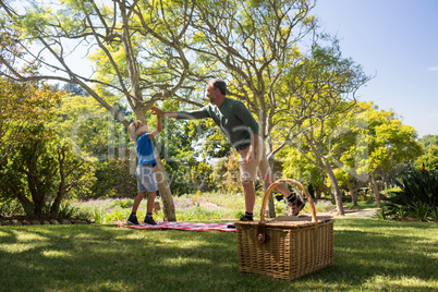 Father and son giving a high five while having picnic