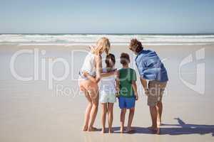 Rear view of family standing together at beach
