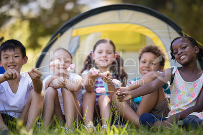 Happy friends showing candies while sitting by tent at campsite