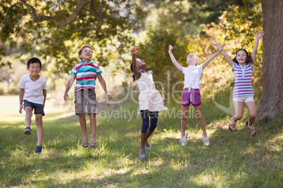 Friends jumping on grassy field in forest